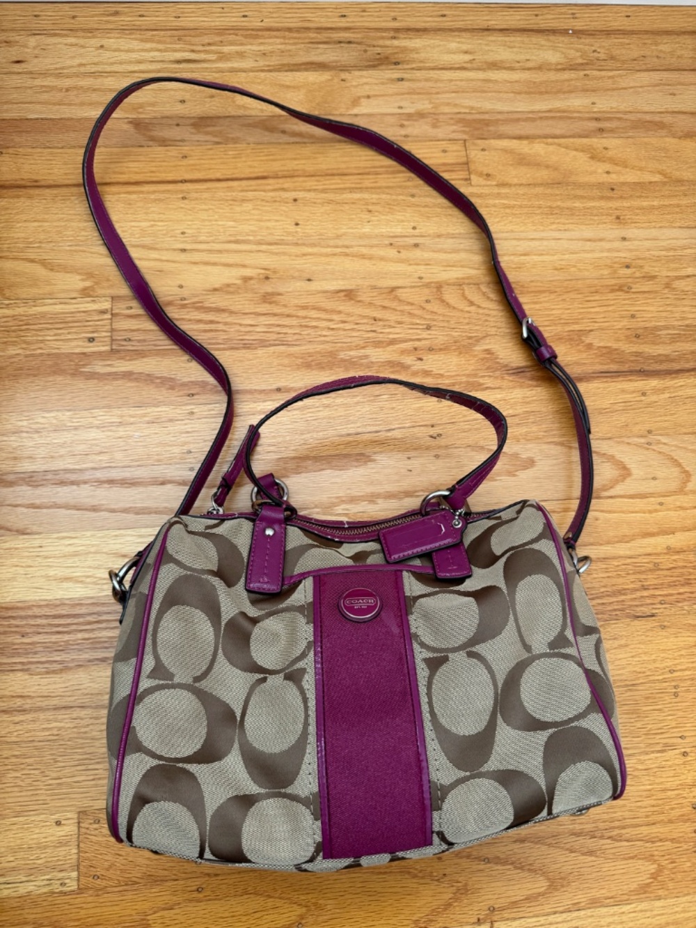 COACH Signature C Canvas Satchel Magenta Pink Trim Shoulder Bag F24364